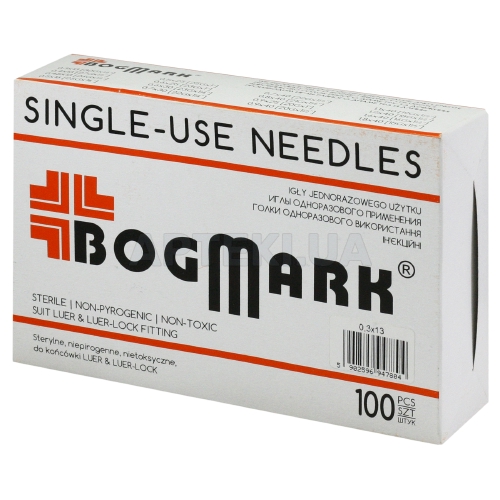 ГОЛКИ ІН'ЄКЦІЙНІ ОДНОРАЗОВОГО ЗАСТОСУВАННЯ BogMark® 0,3 х 13 мм, 30G, №100