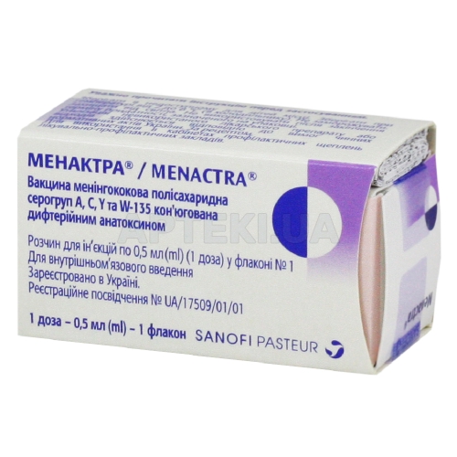 Менактра® вакцина менінгококова полісахаридна серогруп A, C, Y та W-135 кон'югована дифтерійним анатоксином розчин для ін'єкцій 1 доза флакон 0.5 мл, №1