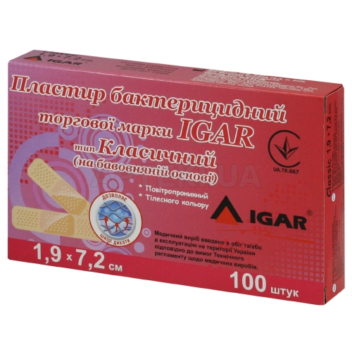 ПЛАСТЫРЬ БАКТЕРИЦИДНЫЙ торговой марки IGAR тип КЛАССИЧЕСКИЙ (на хлопковой основе) 1,9 см х 7,2 см, №100