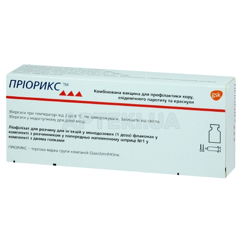 Приорикс™ лиофилизат для раствора для инъекций 1 доза флакон монодозовый с растворителем в шприце, + 2 иглы, №1