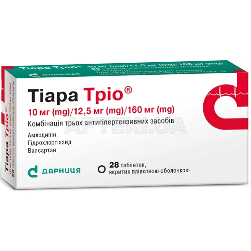 Тіара Тріо® таблетки, вкриті плівковою оболонкою контурна чарункова упаковка, у пачці 10 мг/12,5 мг/160 мг, №28