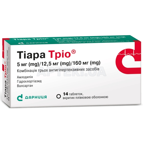Тиара Трио® таблетки, покрытые пленочной оболочкой контурная ячейковая упаковка, в пачке 5 мг/12,5 мг/160 мг, №14