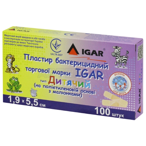 ПЛАСТЫРЬ БАКТЕРИЦИДНЫЙ торговой марки IGAR тип ДЕТСКИЙ (на полиэтиленовой основе с рисунком) 1,9 см х 5,5 см, №100