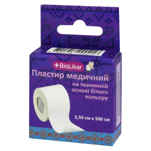 ПЛАСТИР МЕДИЧНИЙ НА ТКАНИННІЙ ОСНОВІ 2,5 см х 500 см котушка білого кольору, №1