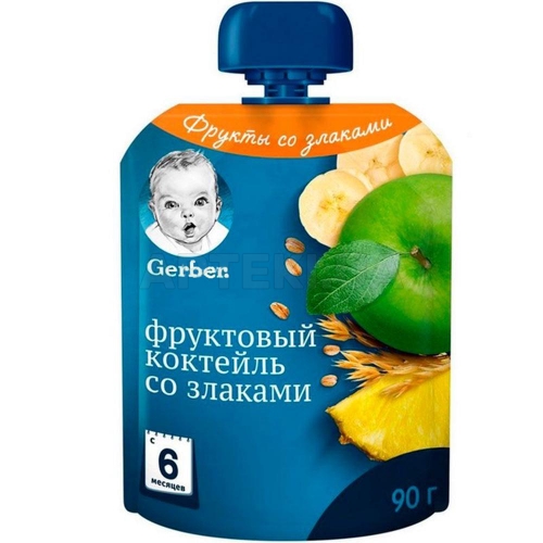 ПЮРЕ ФРУКТОВЕ ЗІ ЗДАКАМИ "ФРУКТОВИЙ КОКТЕЙЛЬ ЗІ ЗЛАКАМИ" тм "GERBER" пастеризоване, вітамінізоване 90 г для дітей від 6 місяців, №1