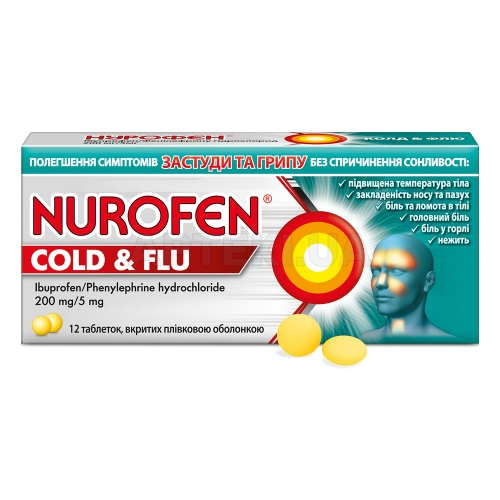 Нурофен® Колд & Флю таблетки, покрытые пленочной оболочкой 200 мг + 5 мг блистер, №12