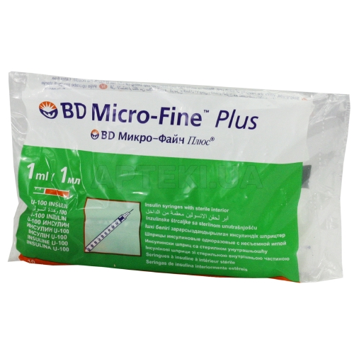 ШПРИЦ ІН'ЄКЦІЙНИЙ ІНСУЛІНОВИЙ ОДНОРАЗОВОГО ЗАСТОСУВАННЯ BD MICRO-FINE™ PLUS U-100 1 мл з голкою 0,3 мм (30 G) х 8 мм, №10