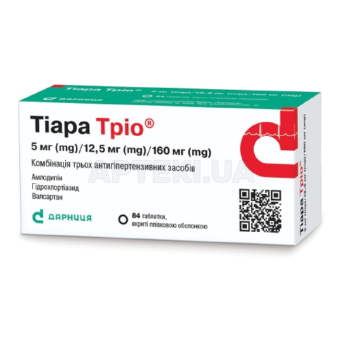 Тиара Трио® таблетки, покрытые пленочной оболочкой контурная ячейковая упаковка, в пачке 5 мг/12,5 мг/160 мг, №84