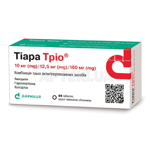 Тиара Трио® таблетки, покрытые пленочной оболочкой контурная ячейковая упаковка, в пачке 10 мг/12,5 мг/160 мг, №84