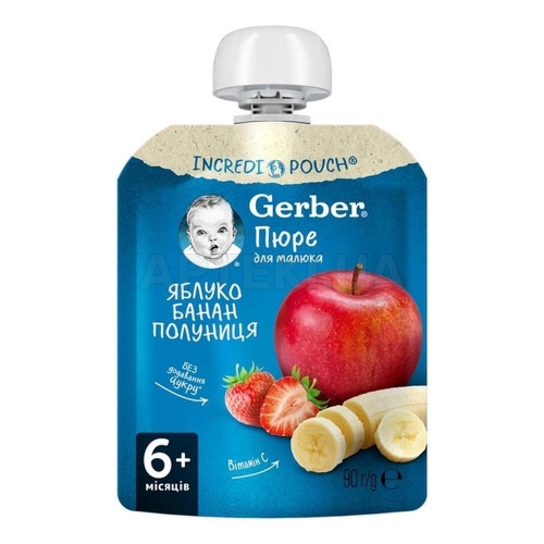 Пюре фруктове вітамінізоване тм "Gerber" "Яблуко, банан, полуниця" пауч упаковка 90 мг з 6 місяців, №1