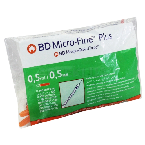 ШПРИЦ ИНЪЕКЦИОННЫЙ ИНСУЛИНОВЫЙ ОДНОРАЗОВОГО ПРИМЕНЕНИЯ BD MICRO-FINE™ PLUS U-100 0.5 мл с иглой 0,33 мм (29 G) х 12,7 мм, №10